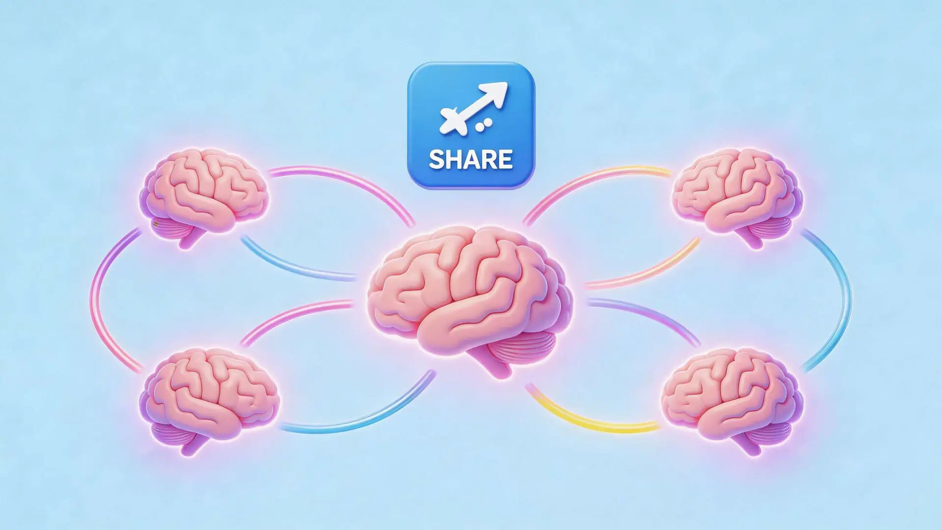A 3D illustration of a central human brain connected to four peripheral brains through glowing neon lines.