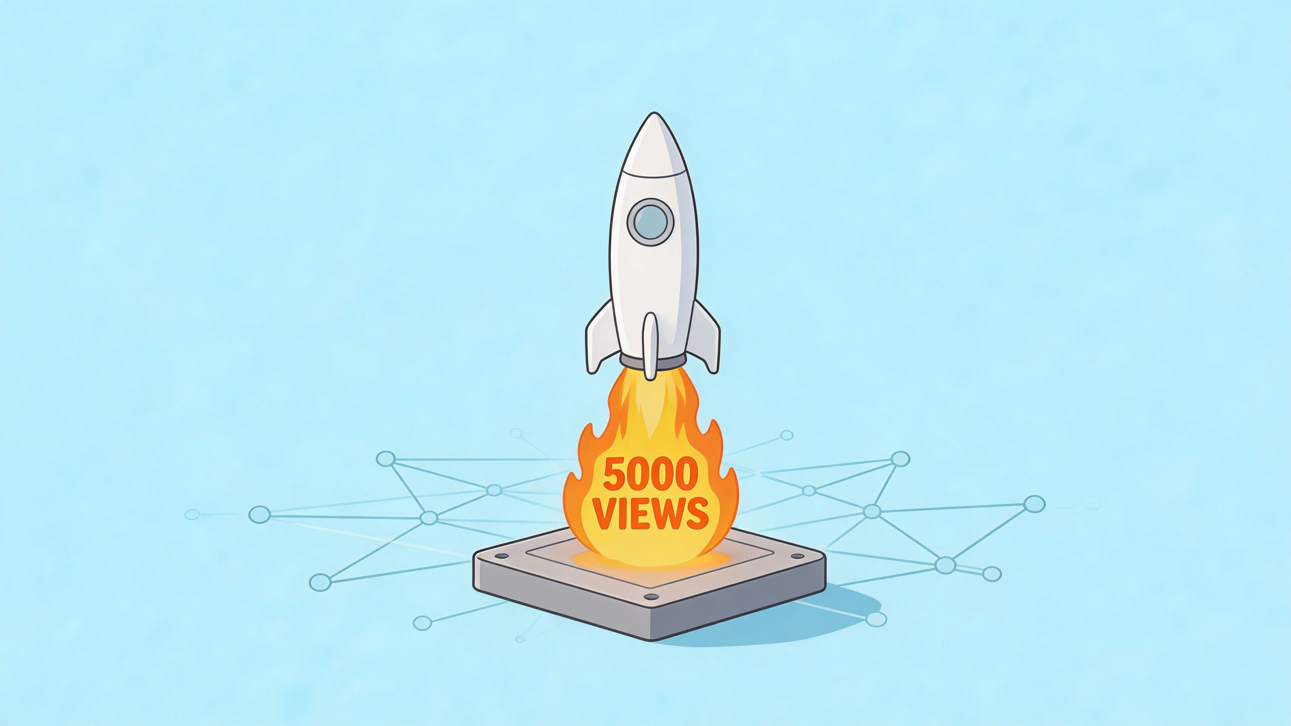 A rocket launching from a platform with a flame containing the text 5000 views on blue background.