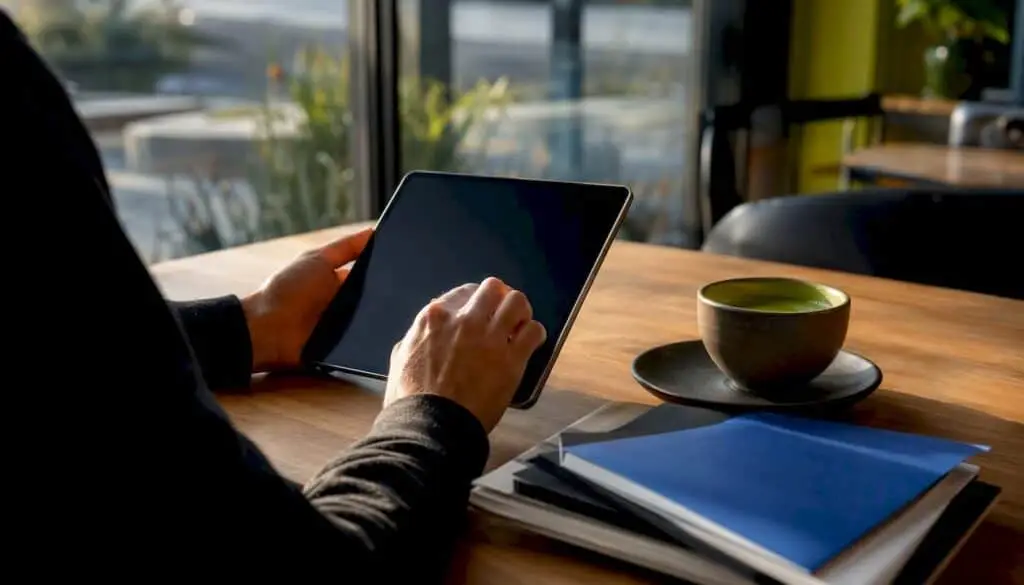 Hands holding tablet at marketing desk