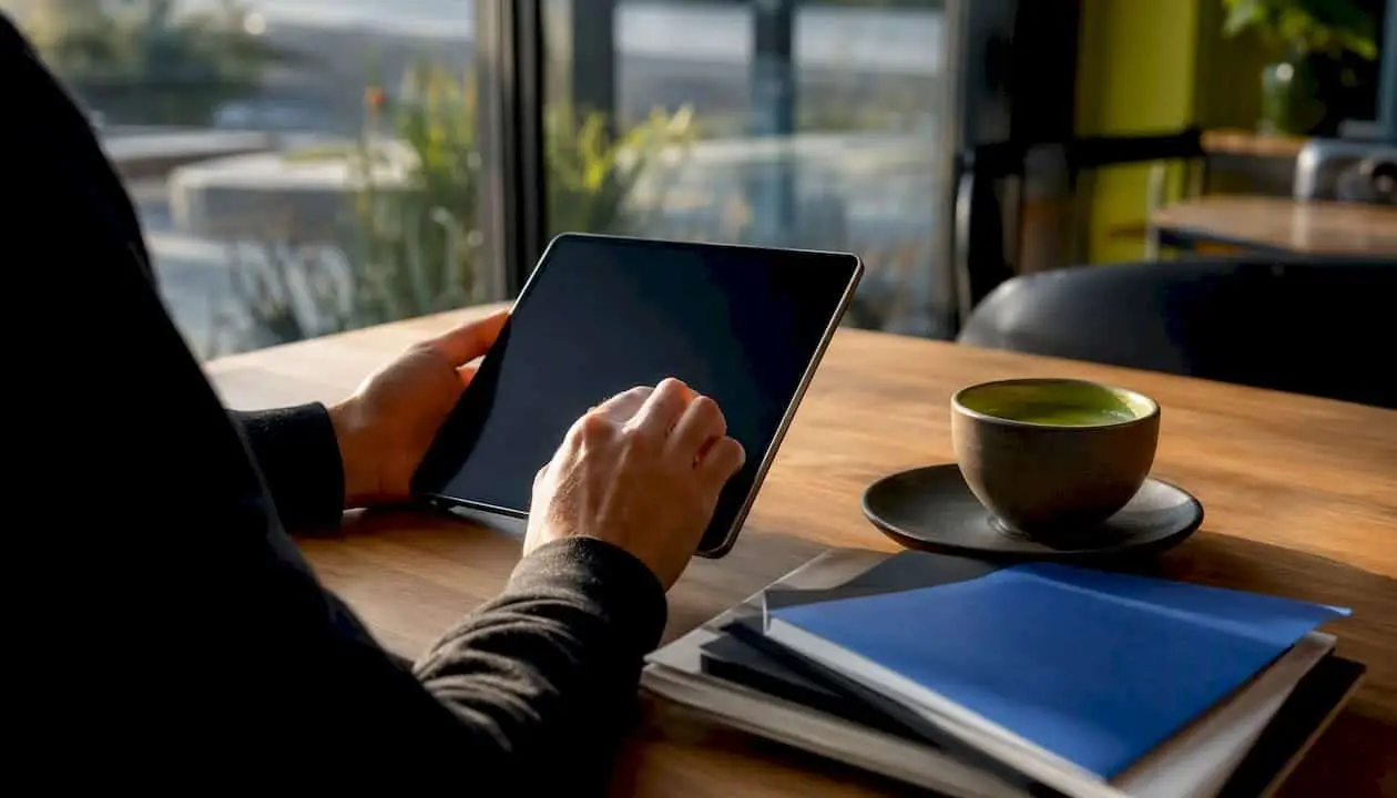 Hands holding tablet at marketing desk