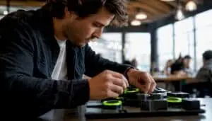 Analyst adjusting marketing data device