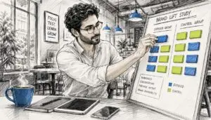 Marketing analyst arranging brand lift study blocks
