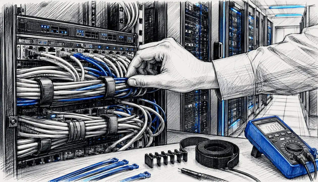 Hand adjusting cables in server rack
