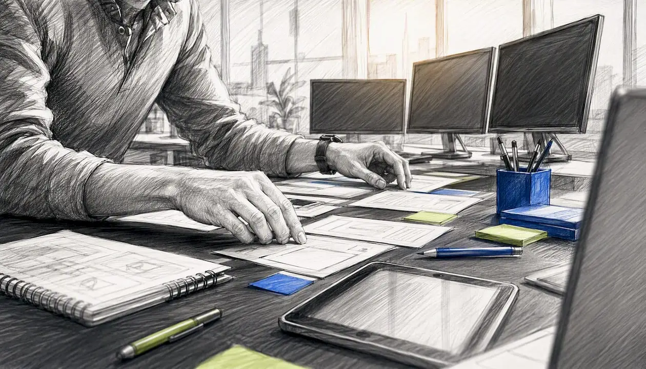 Hands arranging marketing content mockups