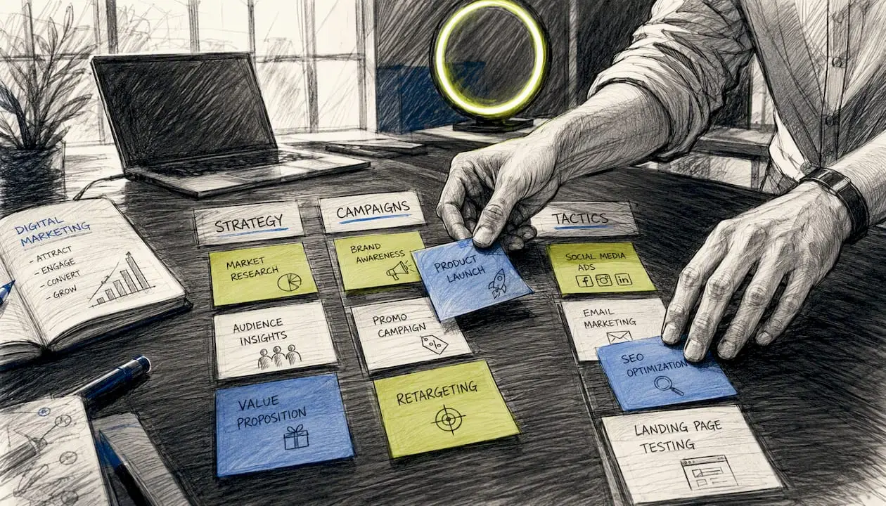 Hands placing cards to plan marketing strategy
