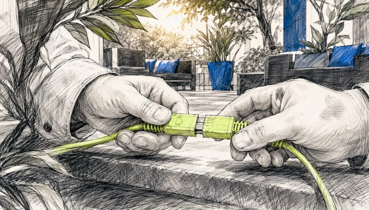 Hands connecting data cables in marketing setup