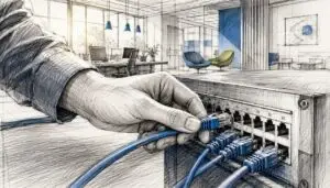 Hand connecting network cables in server room