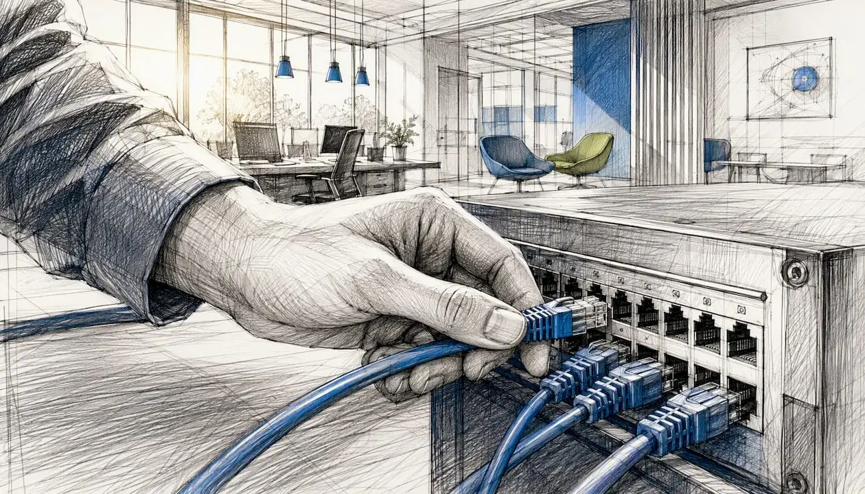 Hand connecting network cables in server room