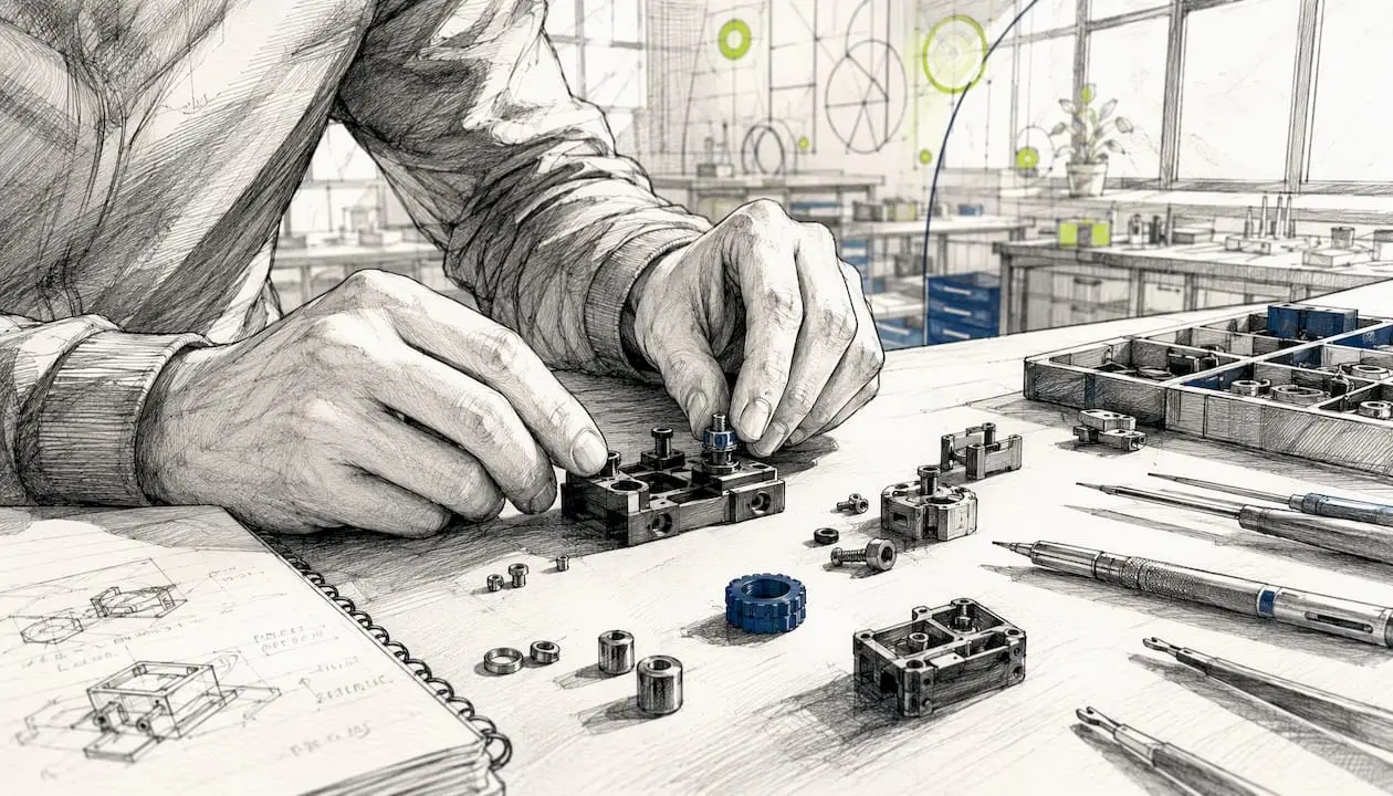 Hands assembling small hardware components