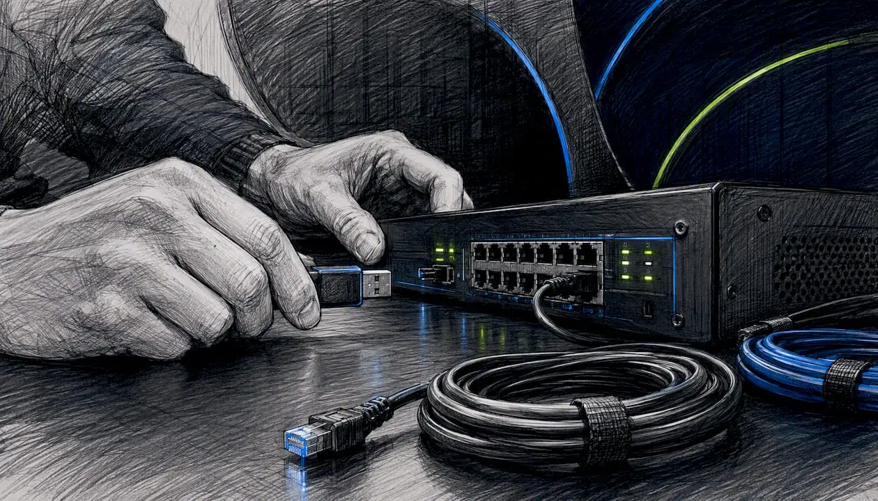Hands connecting data cables on tech workspace