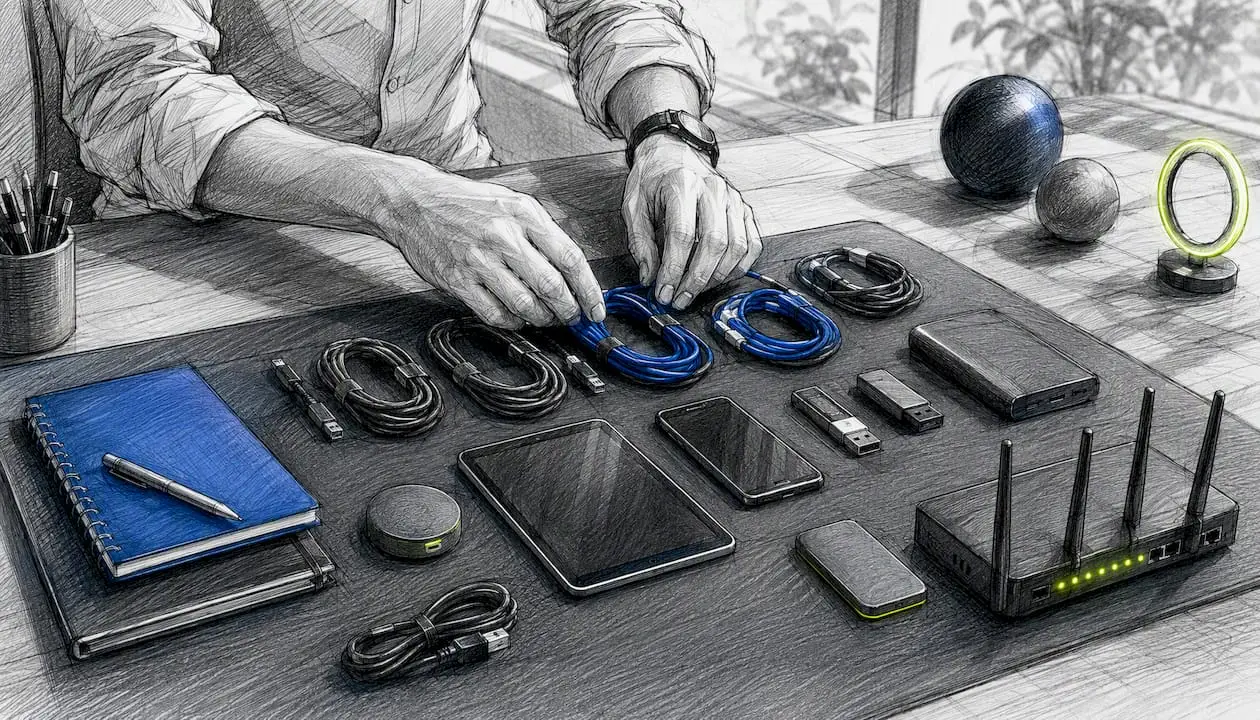 Hands adjusting connected marketing tech on navy desk