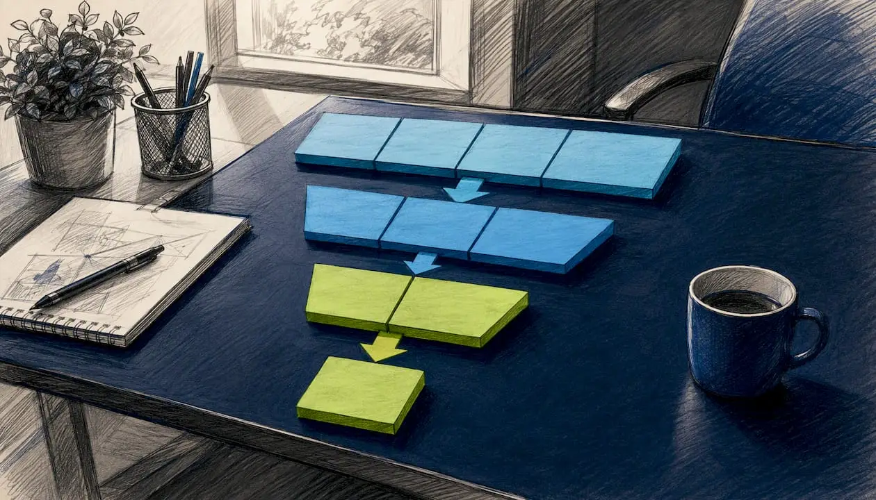 Buyer funnel model on desk with arrows