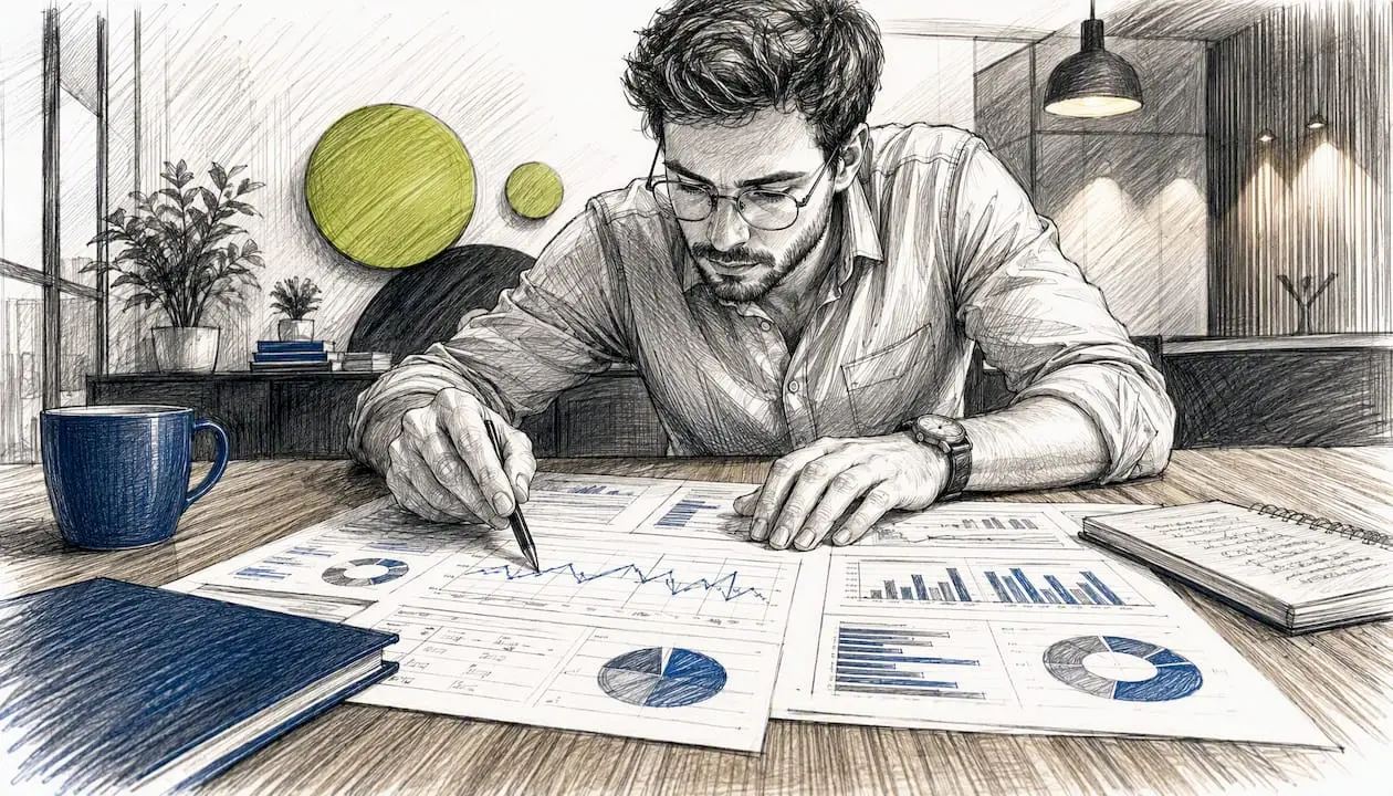 Hands analyzing Google Ads data on desk