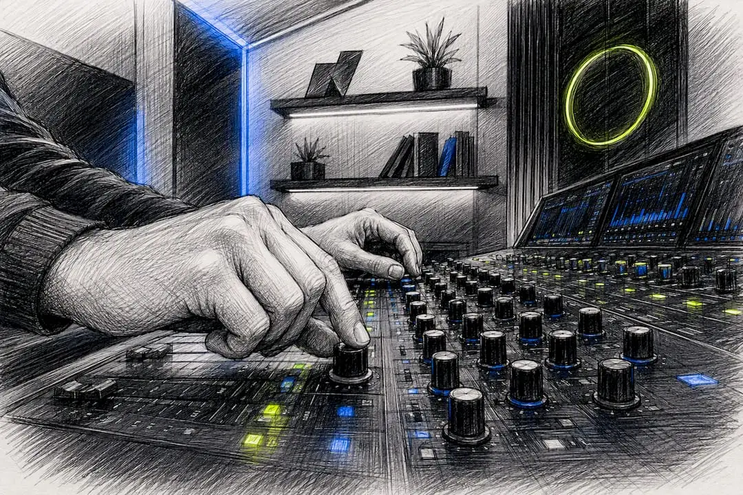 Hands tuning controls on a mixing console