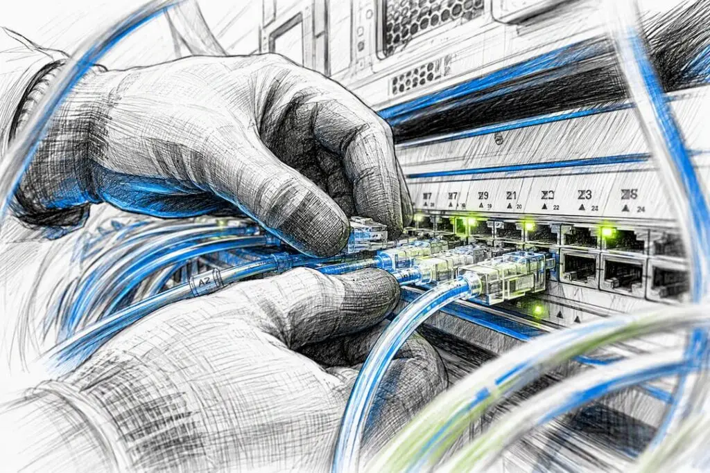 Hands connecting data cables to a network switch