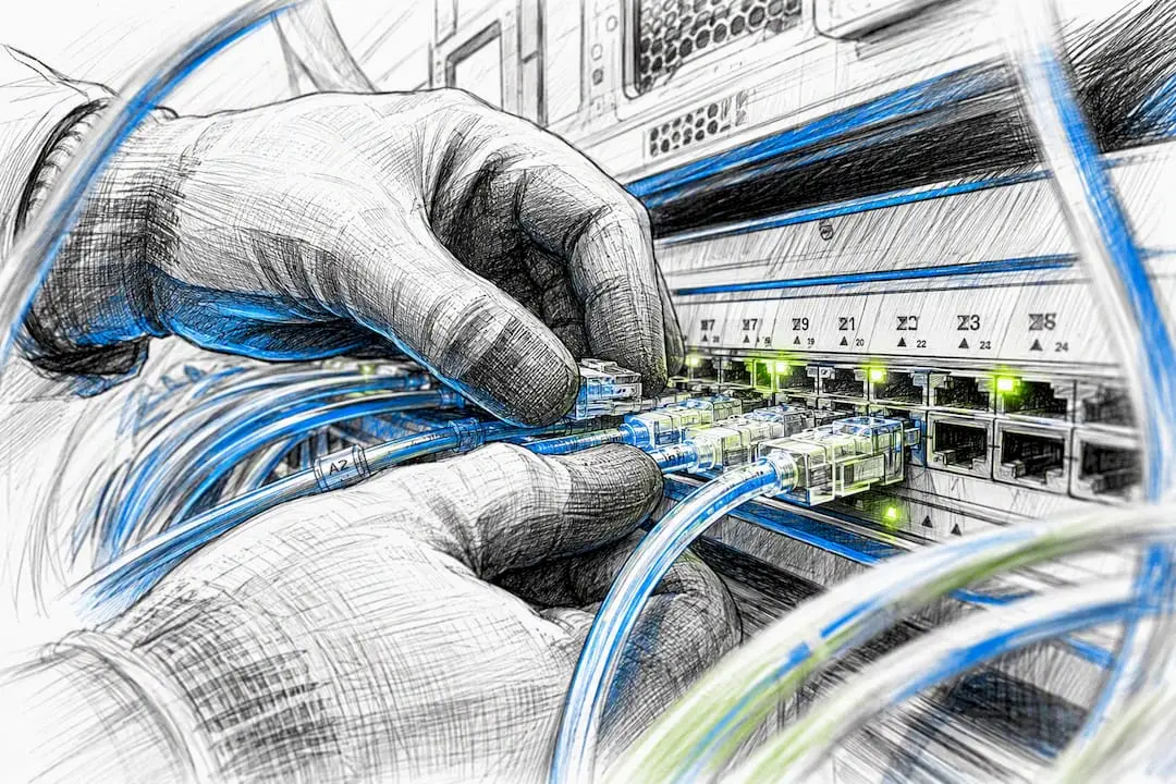 Hands connecting data cables to a network switch