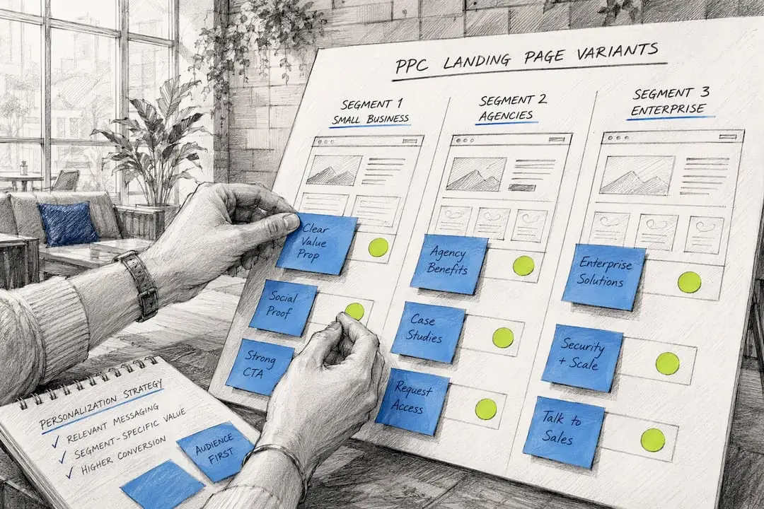 Hands arranging segmented landing page variants