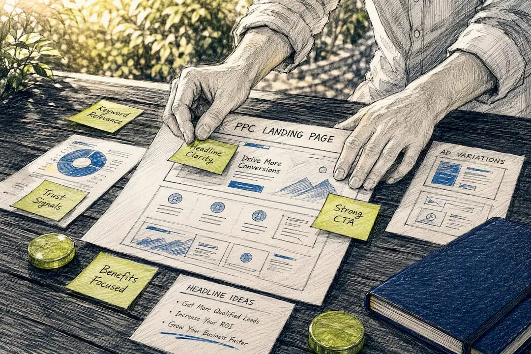 Hands arranging PPC landing page elements