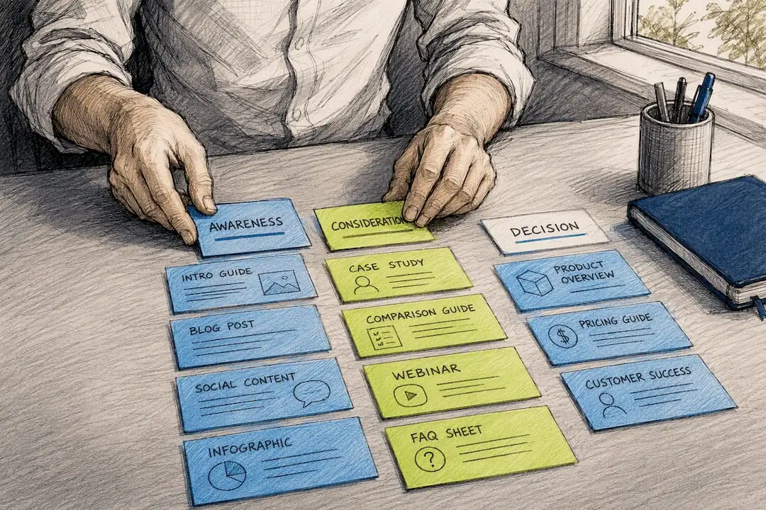 Hands arranging sales funnel content cards