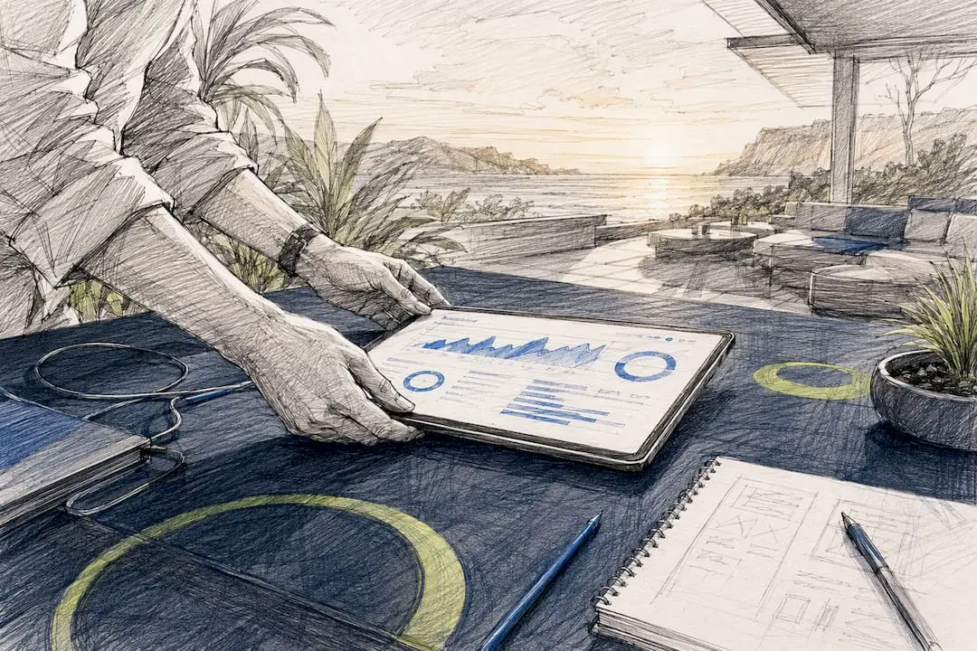 Hands placing marketing report tablet on desk