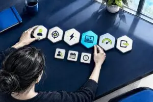Marketing workflow tiles arranged on planning board