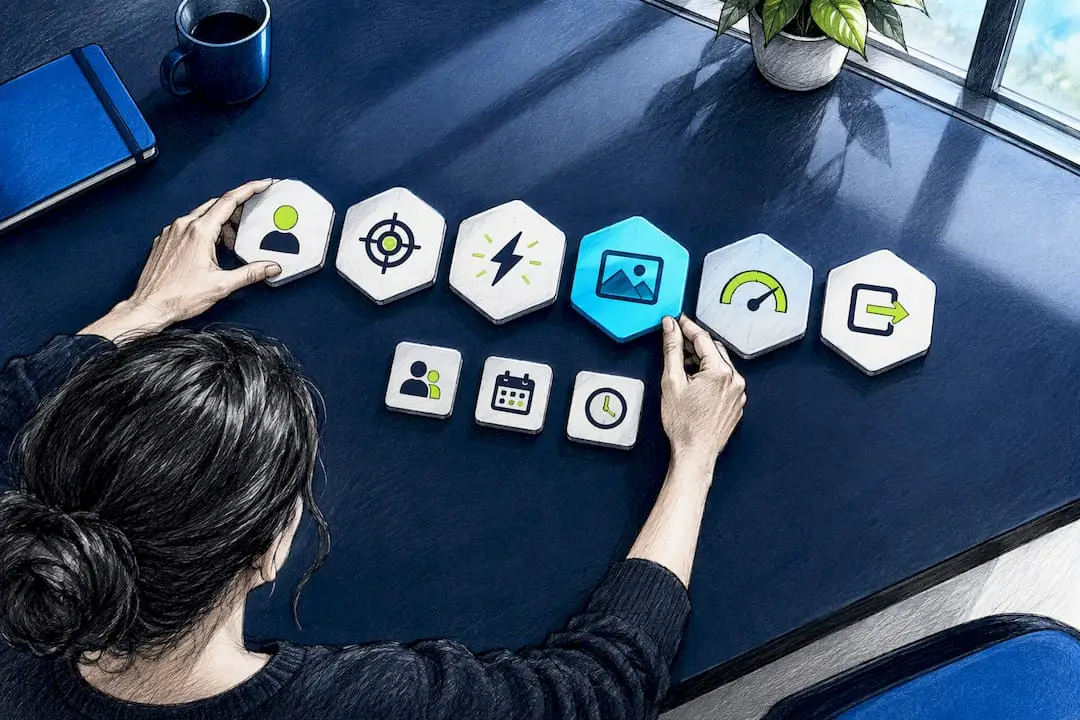 Marketing workflow tiles arranged on planning board