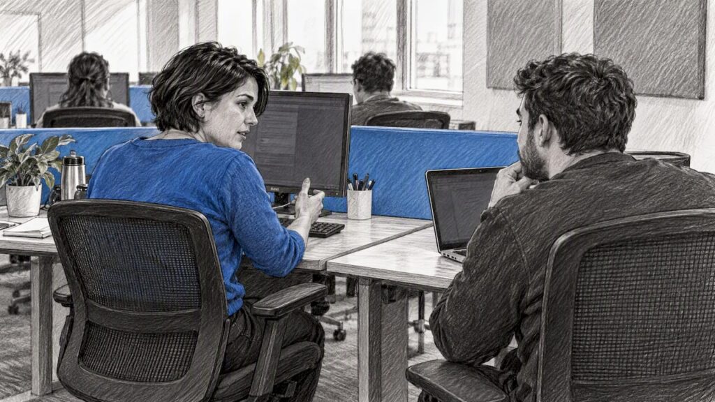 Support specialist reviewing chatbot handoff