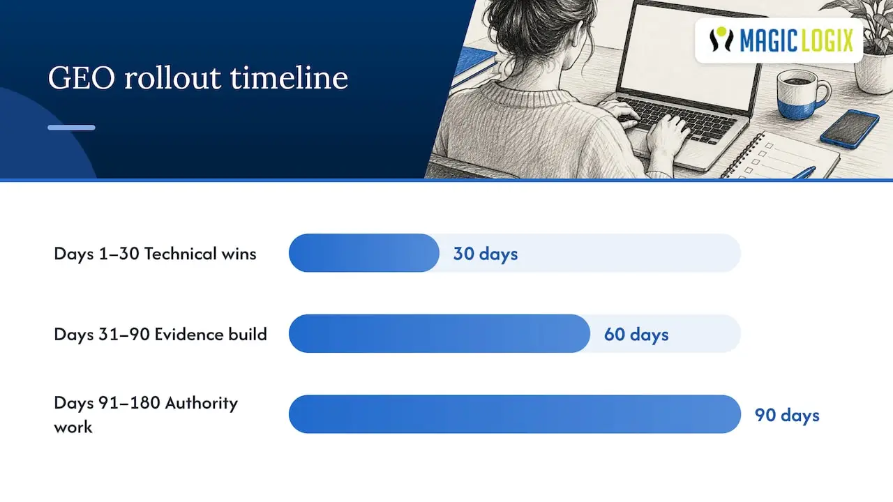 Your 30/90/180-day GEO rollout — overview diagram