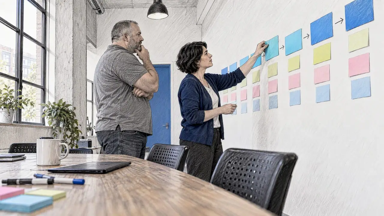 Team arranging customer journey stages on a wall