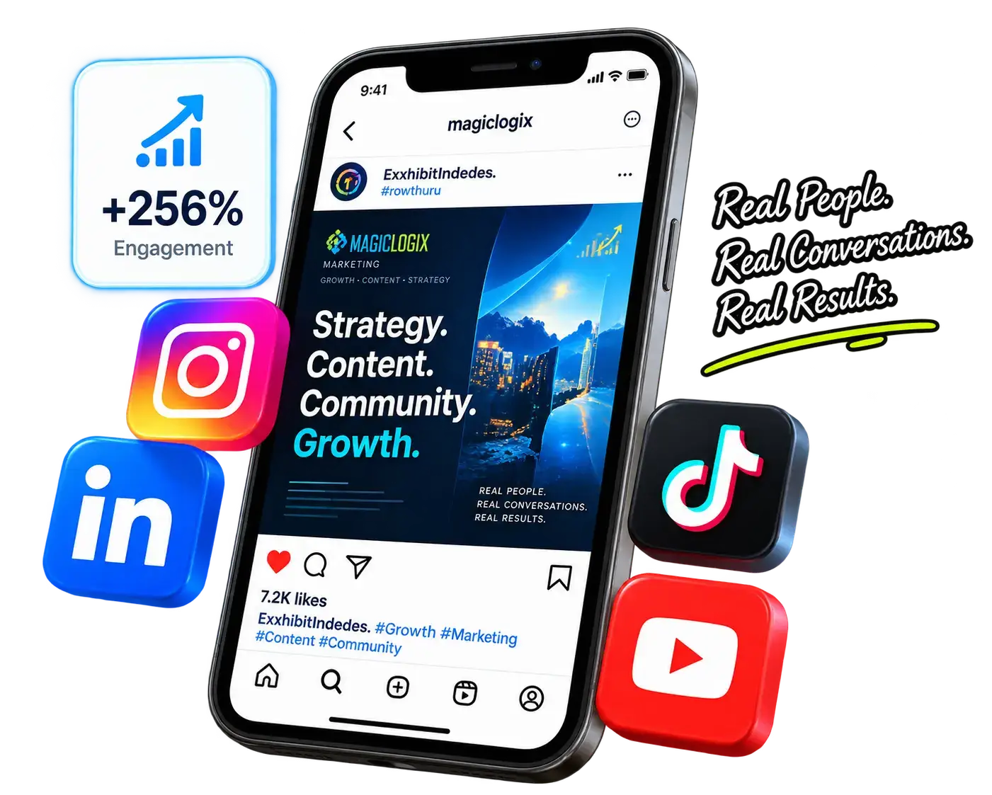 Social media marketing illustration representing content strategy, audience engagement, social advertising, and brand growth.