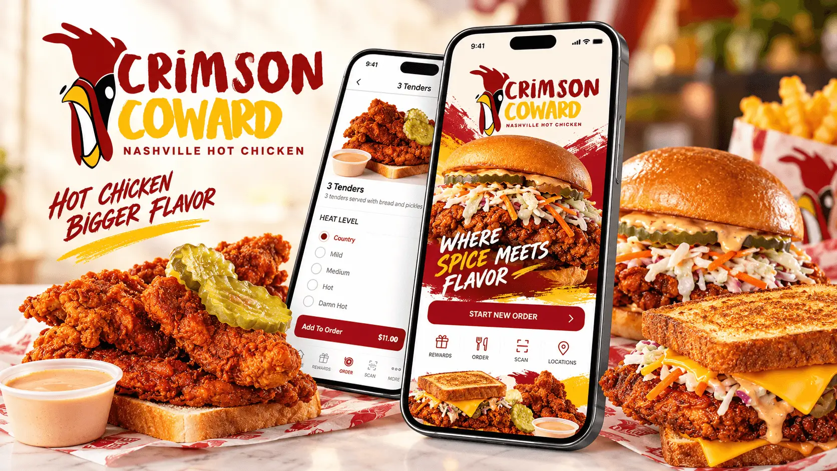 Crimson Coward mobile ordering app displayed on smartphones alongside Nashville hot chicken, sandwiches, and tenders.