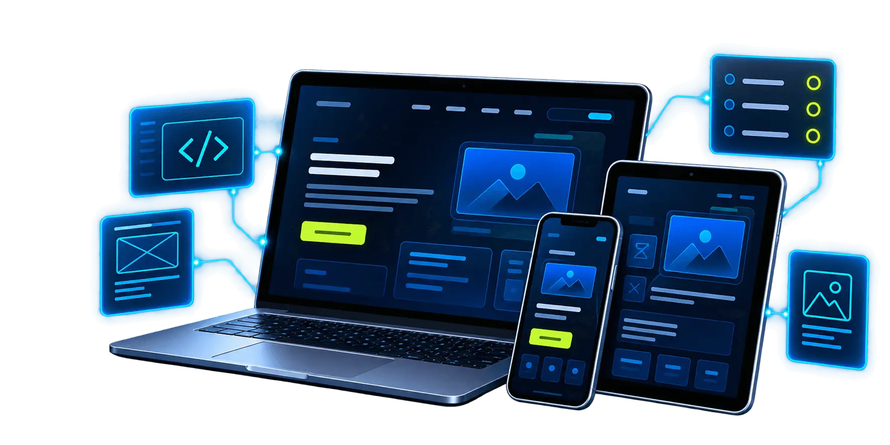 Responsive website design displayed on a laptop, tablet, and smartphone